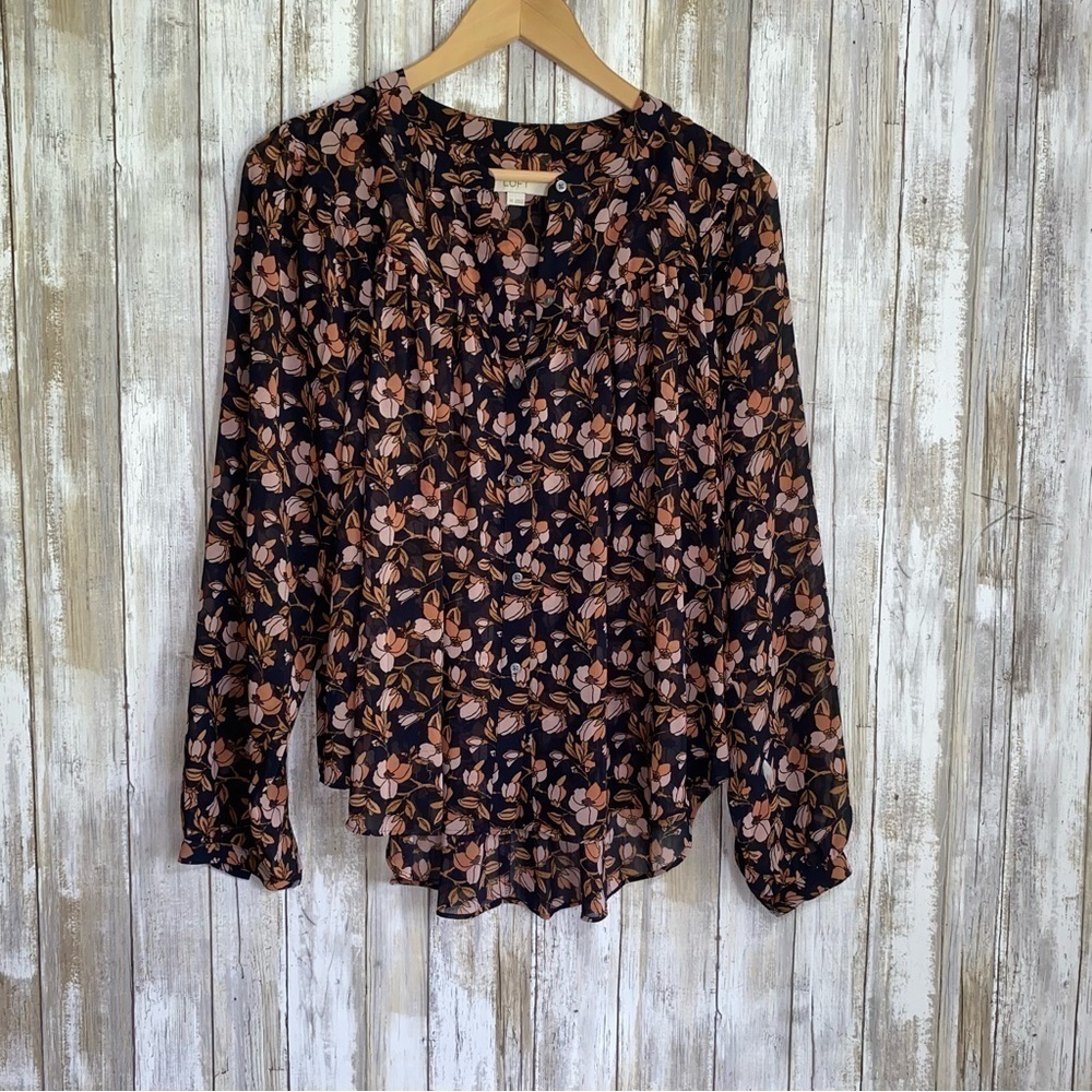 Loft Dark Floral Sheer Button High Low Blouse - Picture 2 of 6